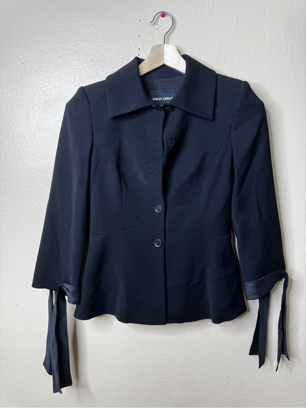 Giorgio Armani Blazer Women 38 Black Wool Blend Peplum Tie Sleeve Y2K Italy Vtg